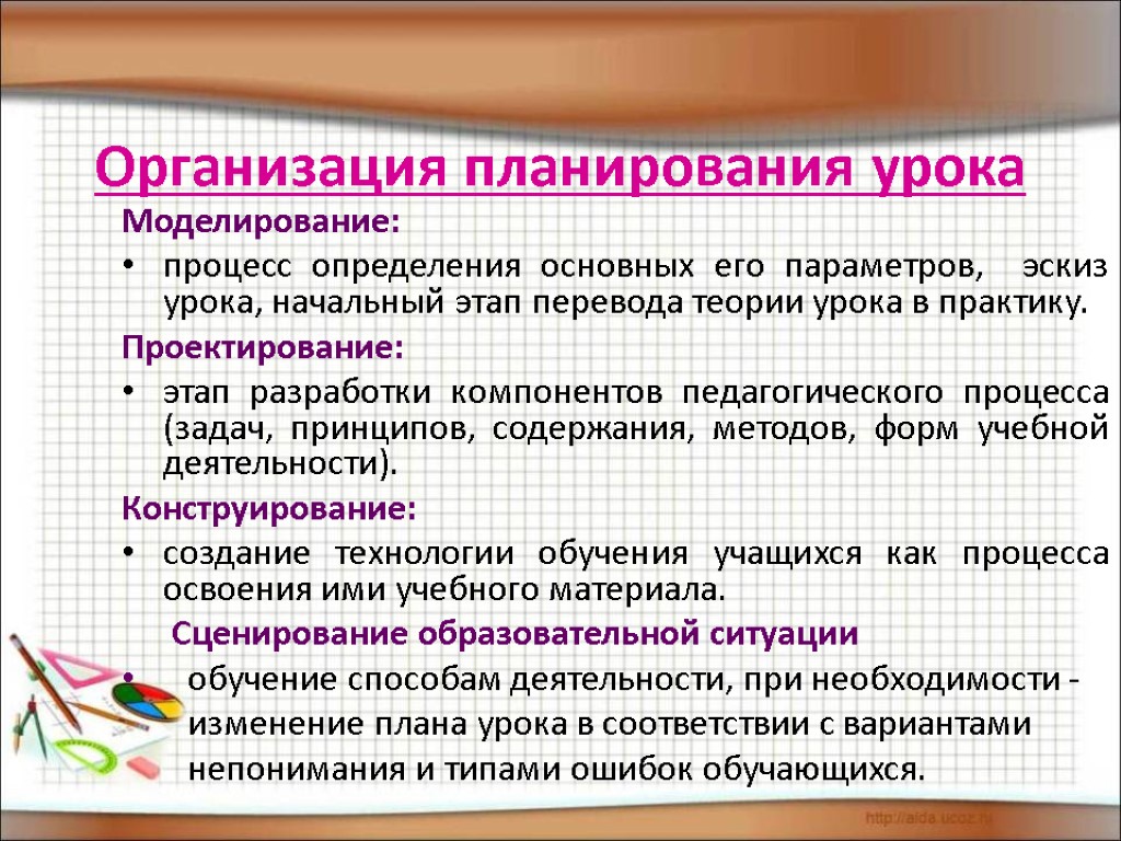 Организация планирования урока Моделирование: процесс определения основных его параметров, эскиз урока, начальный этап перевода